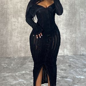 เดรสไหมพรมลายคลื่น แขนยาว ดีไซน์ทันสมัย ขายดีประจำปี 2025 สำหรับผู้หญิง สไตล์เรียบร้อย โชว์ช่วงเอวเล็กน้อย เหมาะสำหรับงานกลางคืน - Product Image 2