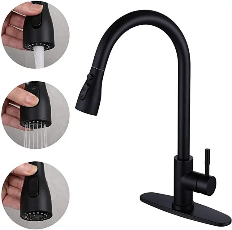 Amazon Hot Sale Deck Mounted SUS304 Stainless Steel Single Handle Pull Out Down Mixer Taps Sink Black Kitchen Faucet