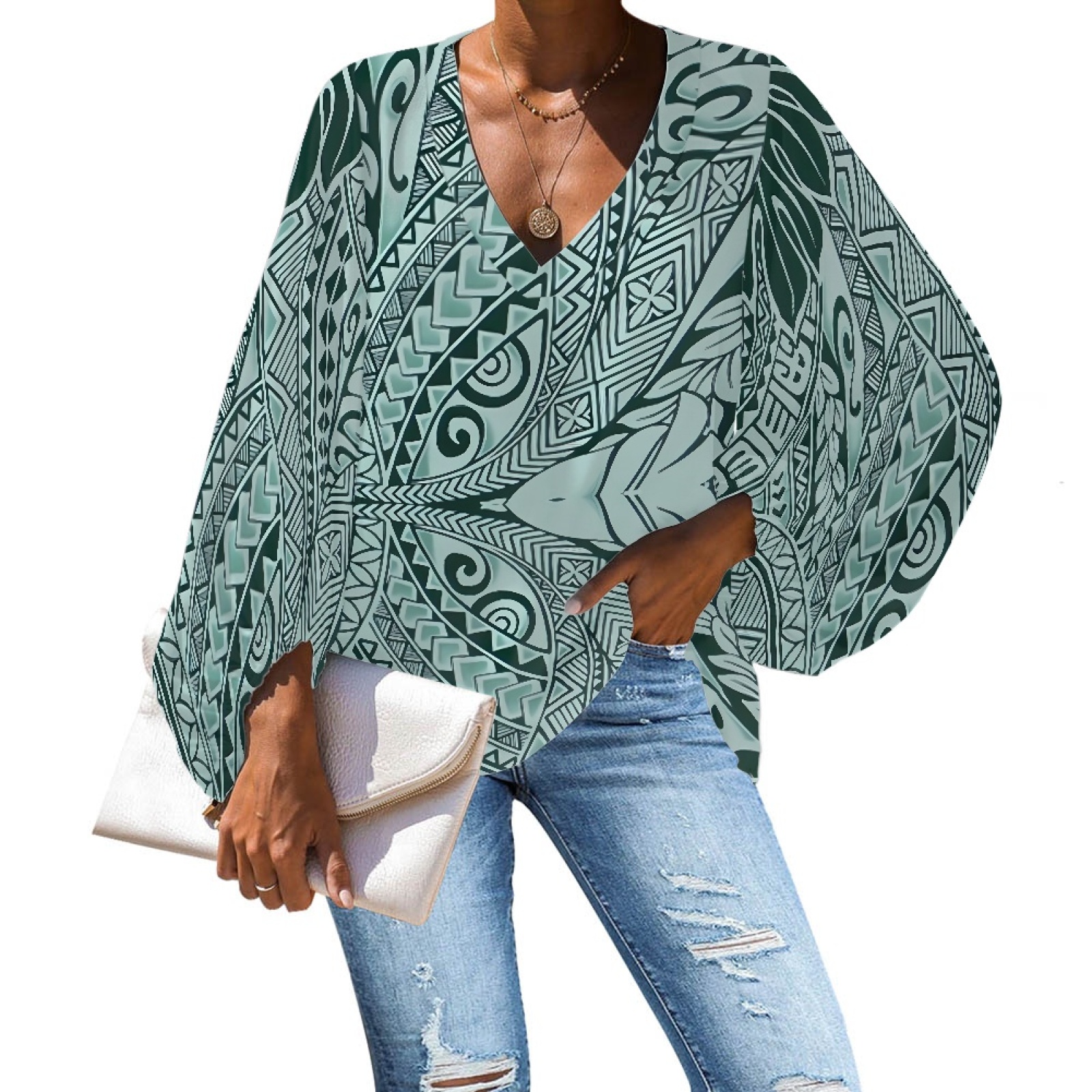 Large Size Ladies Blouses and Tops Casual Long Sleeve Women's Blouses Summer Chic Woman Blouse Hawaiian Tapa Design Green Tops