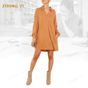 Clothing Manufacturers Custom Ladies Loose Plus Size Solid Color Lapel Pocket V-Neck Casual Olive Waffle Knit Mini Dresses