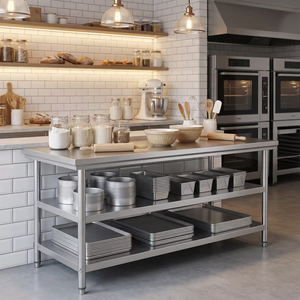 Table de travail commerciale à 3 niveaux en acier inoxydable 1200x800x800mm, station de préparation et table de rangement avec pieds réglables pour <span class=keywords><strong>restaurant</strong></span> - Product Image 5