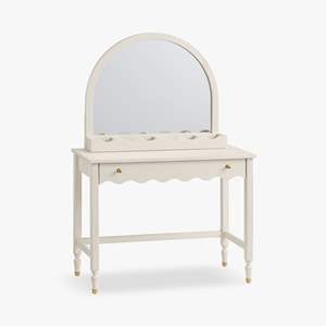 Coiffeuse en bois blanc festonné avec miroir semi-circulaire et tiroirs pour chambre à coucher - Product Image 1
