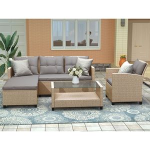 DB Outdoor 4-Piece Wicker Rattan Sectional Sofa with Seat Cushions Patio Furniture Set for Backyard or Exterior Use - Product Image 1