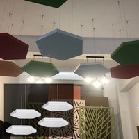 Panneau de plafond acoustique en fibre de verre NRC0.9, antibactérien, personnalisable, pour plafonds suspendus hexagonaux, circulaires et en forme de nuages, pour centres commerciaux