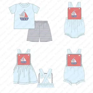 Children Boutique Puppy Dog Applique Outfits Toddler Patriotic Sailboat Clothes Baby Smocked Sibling Clothing Set