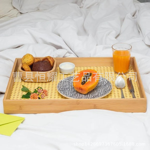 Bandeja de almacenamiento de bambú de 39x28x5 cm, cuadrada, de madera maciza con base tejida para servir té y organizar la mesa - Product Image 2