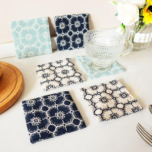 Sous-verres carrés en coton et lin faits à la main, 4 pièces, abricot, bleu clair, bleu marine, fleurs, tapis isolants thermiques pour tasses à thé - Product Image 2