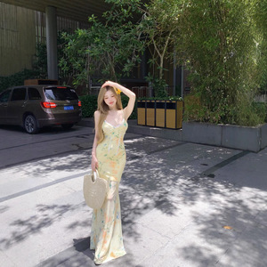 Women's Backless Halter Dress Pale Yellow Floral Print Bodycon Maxi Mermaid Skirt Stretch Chiffon Summer Resort Style - Product Image 1