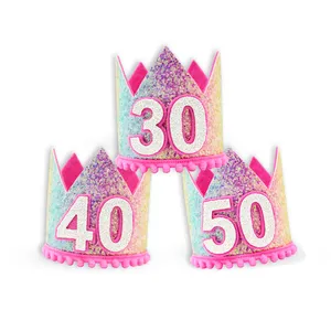 Pafu 30 40 50th Anniversaire Fournitures De Fête Accessoire De Cheveux Arc-En-Ciel Étincelait Anniversaire Couronne Chapeaux Cadeaux D'anniversaire Pour Les Femmes