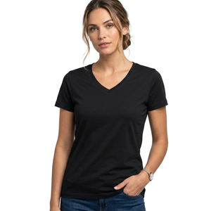 T-shirt noir à manches courtes et col en V pour femme, 100% coton, coupe classique, couleur unie, décontracté, respirant, été - Product Image 1