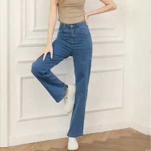 Hot Sale Of New Models 2023 Fashion Straight Jeans High Waist Women High Elastic Trousers Washed Light Blue Casual Jeans
