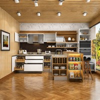 Meubles de cuisine modulaires modernes et minimalistes en verre laqué et imitation bois, en forme de L, sur mesure, avec îlot central