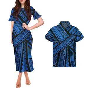 2021 Polynesian Tribal Ruffle Short Sleeve O Neck Boho long dress for weddings women match all over print button shirts