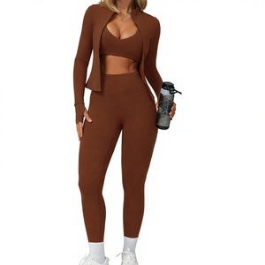 Women Solid Color Seamless Yoga Sports Bra Set Medium <b>Support</b> Long Sleeve <b>Crop</b> <b>Top</b> With High Waist Leggings For Fitness Yoga - Product Image 1