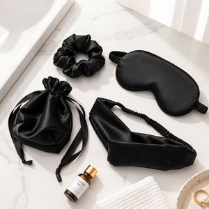 Black Silk Sleep Eye Mask Hair Tie <b>Neck</b> Pillow Bag Set Four Seasons European Style Travel Gift - Product Image 1