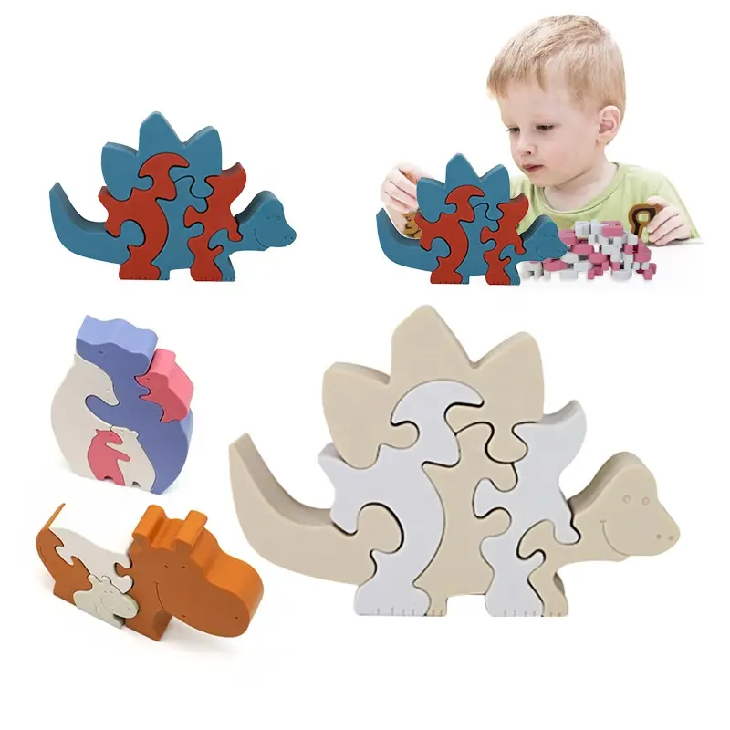 Animal standing dinosaur shape family interactive kindomgarten silicone dinosaurios Jigsaw puzzle stacking toys for children