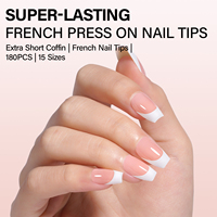 AILLSA 180 pièces Faux ongles à presser en acrylique, couvrance totale, pré-dessinés, rose, formes French Tip, Amande, Ovale, Cercueil, pour extension d'ongles DIY à domicile