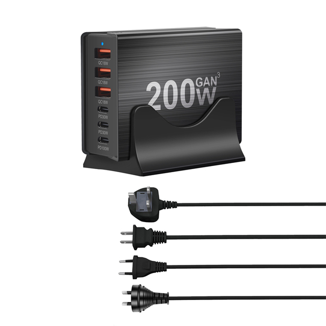Gan 3 Type-C 3 USB-C 200W Multi-Port PD QC OTP Fast Charger with Charging Hub for Earphone & Mobile Phone