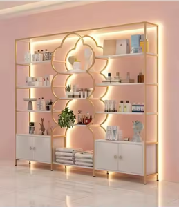Muestra gratis salón de belleza tienda <span class=keywords><strong>barber</strong></span>ía gabinete de almacenamiento de hierro estante de exhibición de suelo de madera con LED - Product Image 2