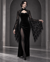 Gaun Midi Bodycon Beludru Gothic Wanita, Potongan Regular, Kerah Tinggi, Lengan Lonceng Berenda, Belahan Samping, Pesta Halloween, Grosir