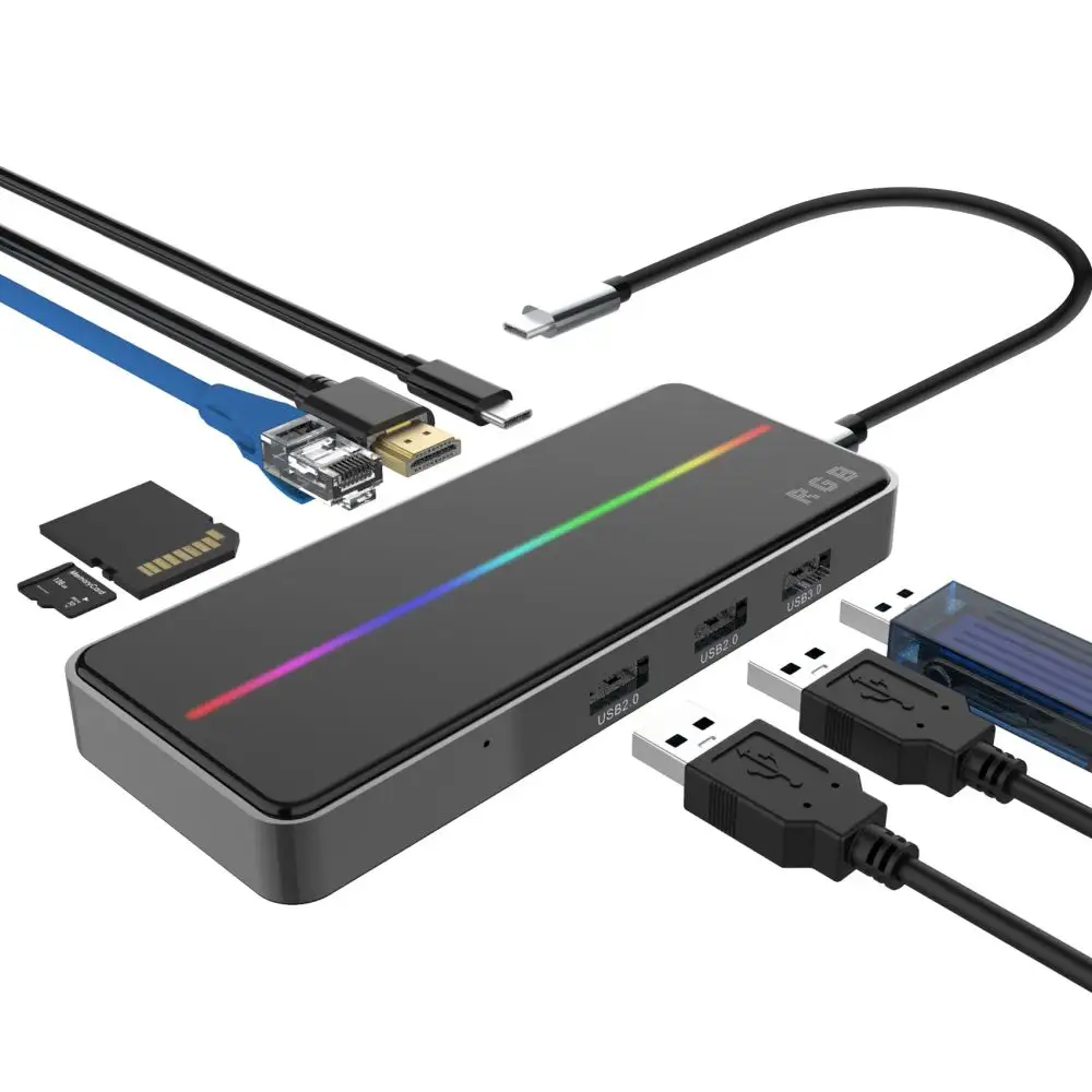 Mirabox 8 en 1 USB C OTG Hub avec RGB pour Macbook et ordinateur portable Prend en charge la sortie vidéo, RJ45,TF,SD,USB3.0, dock thunderbolt3