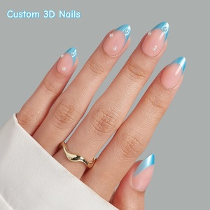 Faux Ongles Bleus Brillants Printemps-Été en Gros, Forme Amande Moyenne, Motif Pois 3D, Ongles à Presser en Gel Souple Français de Luxe - Product Image 1