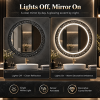 Miroir mural rond en cristal de luxe avec activation par capteur, lumière blanche unique et rétroéclairage décoratif pour les intérieurs modernes