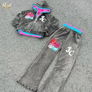 Triple Zip Layer Boxy Cropped Hoodie Baggy Sweatpants Stone Acid Wash Embroidery Patch Distress Sweatsuits Heavyweight Tracksuit - Product Image 2