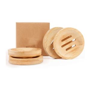 Juego de 4 Jaboneras de Bambú para <span class=keywords><strong>Ducha</strong></span>, Soportes Redondos de <span class=keywords><strong>Madera</strong></span> con Bandeja Autodrenante para Barras de Champú y Acondicionador - Product Image 1