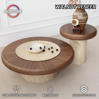 Ensemble de table basse ronde rustique avec plateau en placage de noyer - Piétement en bois pour un décor confortable dans le salon