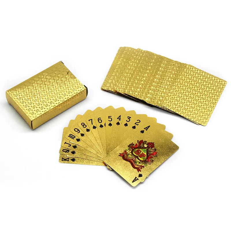 कस्टम 24K गोल्ड प्लेइंग कार्ड प्लास्टिक पोकर गेम डेक फ़ॉइल पोकर पैक मैजिक वाटरप्रूफ कार्ड बोर्ड गेम
