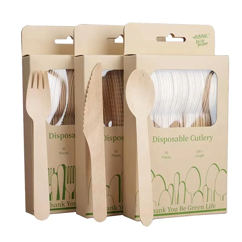 Imballaggio personalizzato ecologico biodegradabile usa e getta cucchiaio forchetta in legno da tavola Set per il matrimonio