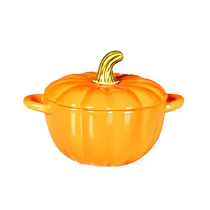 Wholesale Hot sale item Oven Safe Ceramic Orange Pumpkin shape bowl with lid