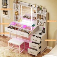 Coiffeuse avec miroir et éclairage, 43 pouces, plateau en verre, lumière d'ambiance RVB, 5 tiroirs, prise électrique, chaise