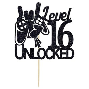 1 pièce Décoration de gâteau d'<span class=keywords><strong>anniversaire</strong></span> débloquée à 16 niveaux, Thème jeu vidéo noir, Décoration de fête pour gagnants 'Level Up' - Product Image 2