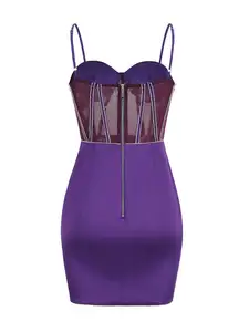 Menekşe Bodycon parti Mini elbise dekorasyon spagetti korse See-through parlak kristal Vintage seksi dokuma saten kadınlar için XS ~ L