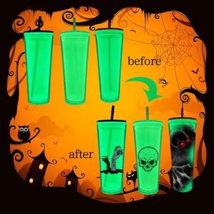 Halloween 24oz Green Glow in the Dark Double <b>Walled</b> Plastic Acrylic Snow Globe Tumblers with Bottom Hole Suitable for <b>Vinyl</b> - Product Image 1