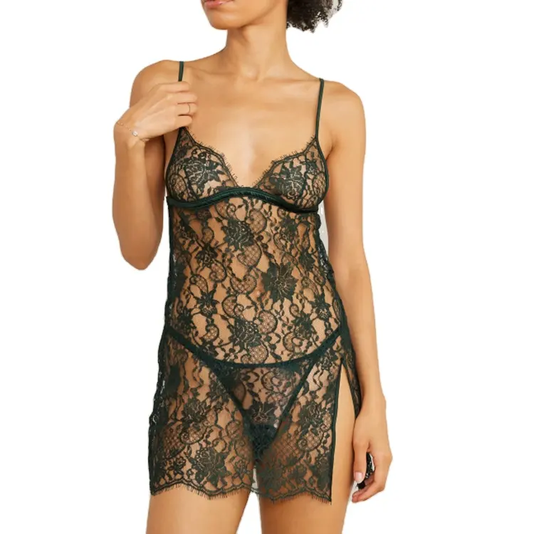 Nuisette en dentelle verte et satin Robe de nuit de style moyen en tissu doux et confortable de haute qualité