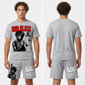 Conjunto de Camiseta y Pantalones Cortos de Punto con Estampado Gráfico God Bless, Ropa Casual Urbana para Hombre, 2 Piezas, Algodón Transpirable Ecológico - Product Image 1