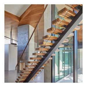 現代的なスタイルのカスタマイズされたヴィラ内部プレハブ鋼モノストリンガー木製階段LEDライトガラス階段