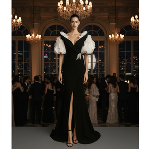 Vestido de noche negro largo hasta el suelo con silueta de sirena, estilo vintage, con sujetador incorporado, talla grande, con cuentas y malla transpirable. - Product Image 2