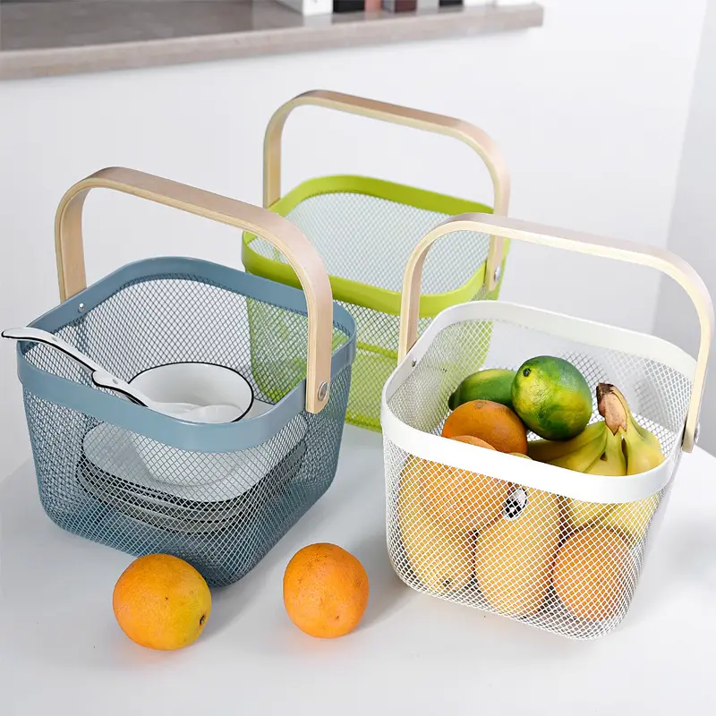 Hot selling wholesale Home Kitchen Bathroom Iron Hand Portable Fruit And Vegetable Drain Basket Storage Basket