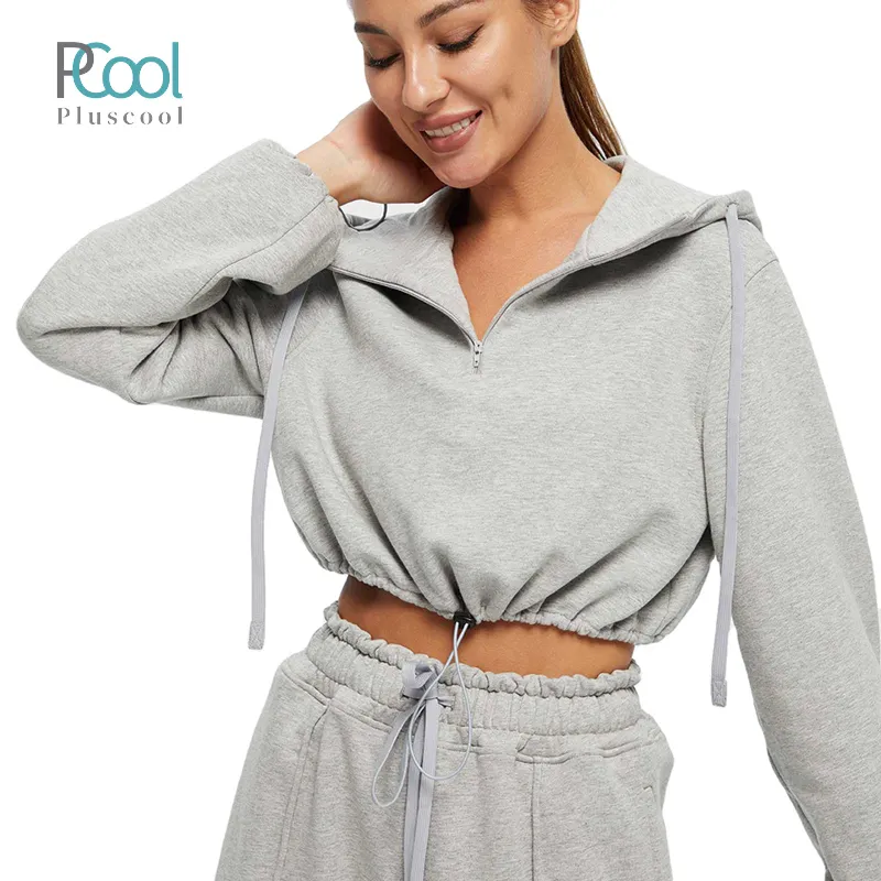 Blank zip front crop top white black grey wholesale custom crop top hoodie half zip sweatshirt crop top womens sports hoody