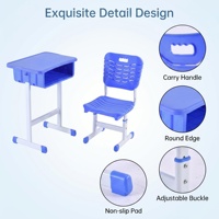 Ensemble chaise et bureau d'école ergonomique à hauteur réglable avec plateau en plastique, structure en acier robuste, bords arrondis, base antidérapante, respectueux de l'environnement