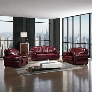 热卖现代设计深红色真皮沙发，全真皮沙发套装123