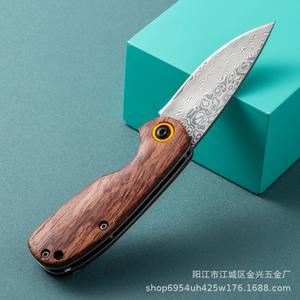 มีดพับเหล็กดามัสกัสสำหรับดรอปชิปปิ้งบน Shopify ความแข็งสูง เหมาะสำหรับตั้งแคมป์ พกพา ใช้แล้วทิ้งได้  มีดผลไม้ ด้ามไม้แพร์ อุปกรณ์กลางแจ้ง - Product Image 6