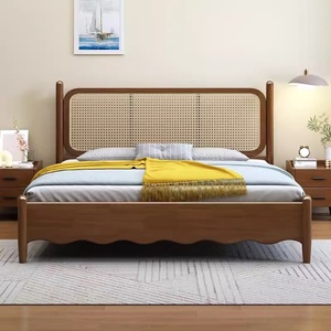Lit en rotin et bois massif, mobilier sur mesure pour hôtel et appartement, lit double king size avec rangement, ensemble de meubles de chambre en bois - Product Image 3