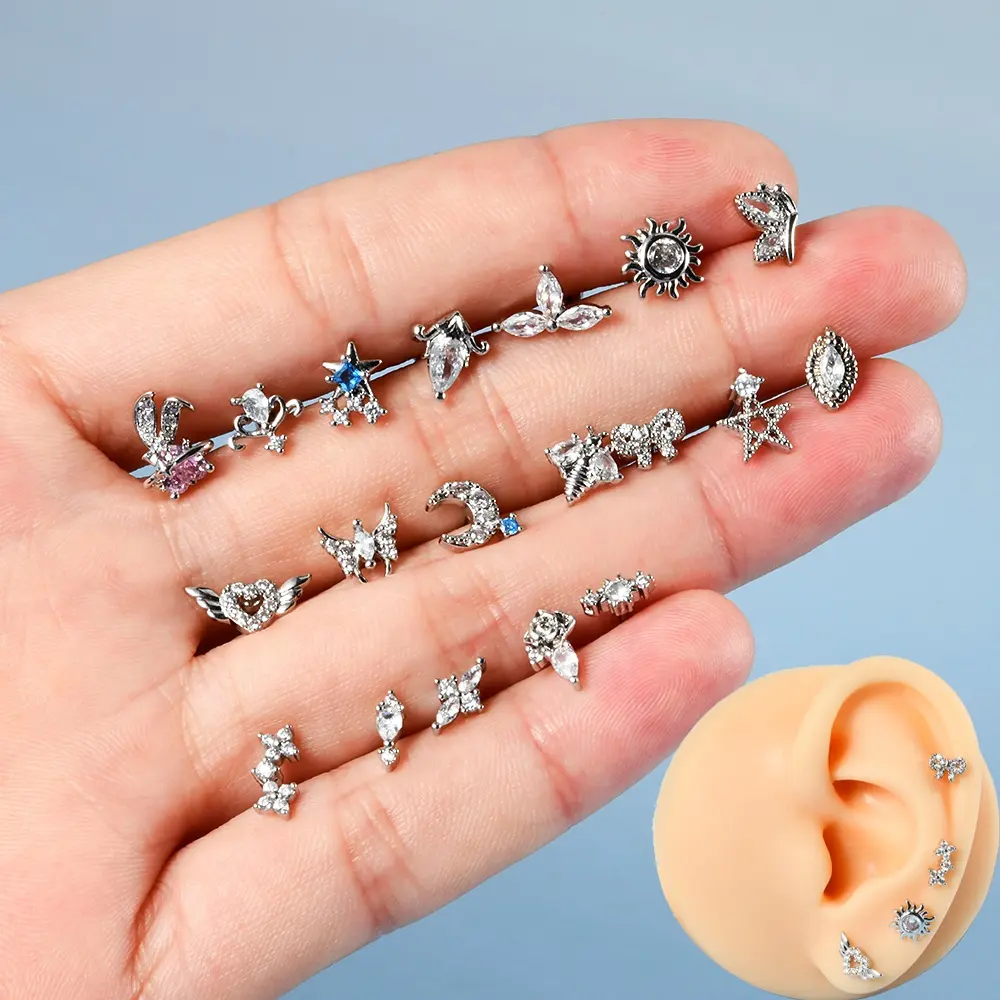 19 Estilos Zircon Ear Stud Cartílago Oreja Lóbulo Helix Tragus Corazón Pendiente Piercing Mujer Chica Joyería de moda al por mayor 20G