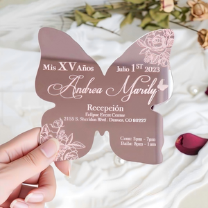 Invitación de Quinceañera en Acrílico con Forma de Mariposa en Oro Rosa, Espejo Plateado, Invitación de <span class=keywords><strong>Mis</strong></span> XV Años con Mariposa y Foto Personalizada - Product Image 2