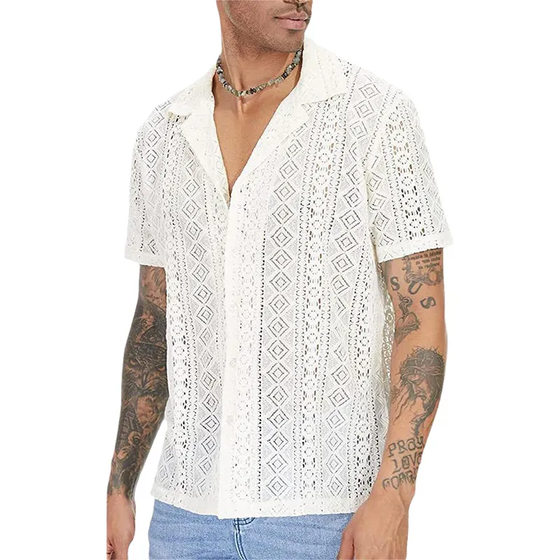 Camisa hueca de malla transpirable, cárdigan de manga corta informal a la moda, manga corta con botones para hombres